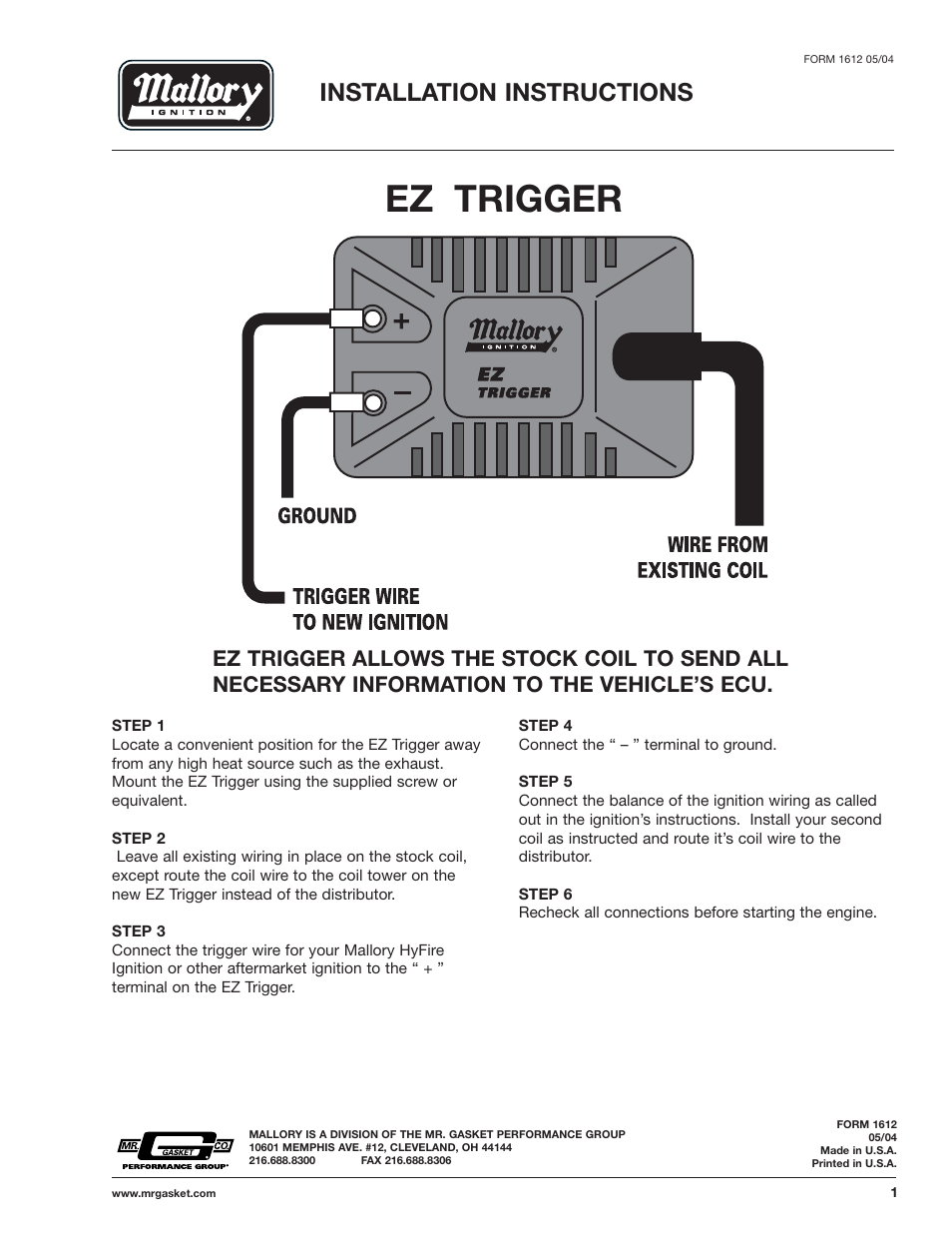 Mallory Ignition Mallory EZ TRIGGER 6200M User Manual | 1 page