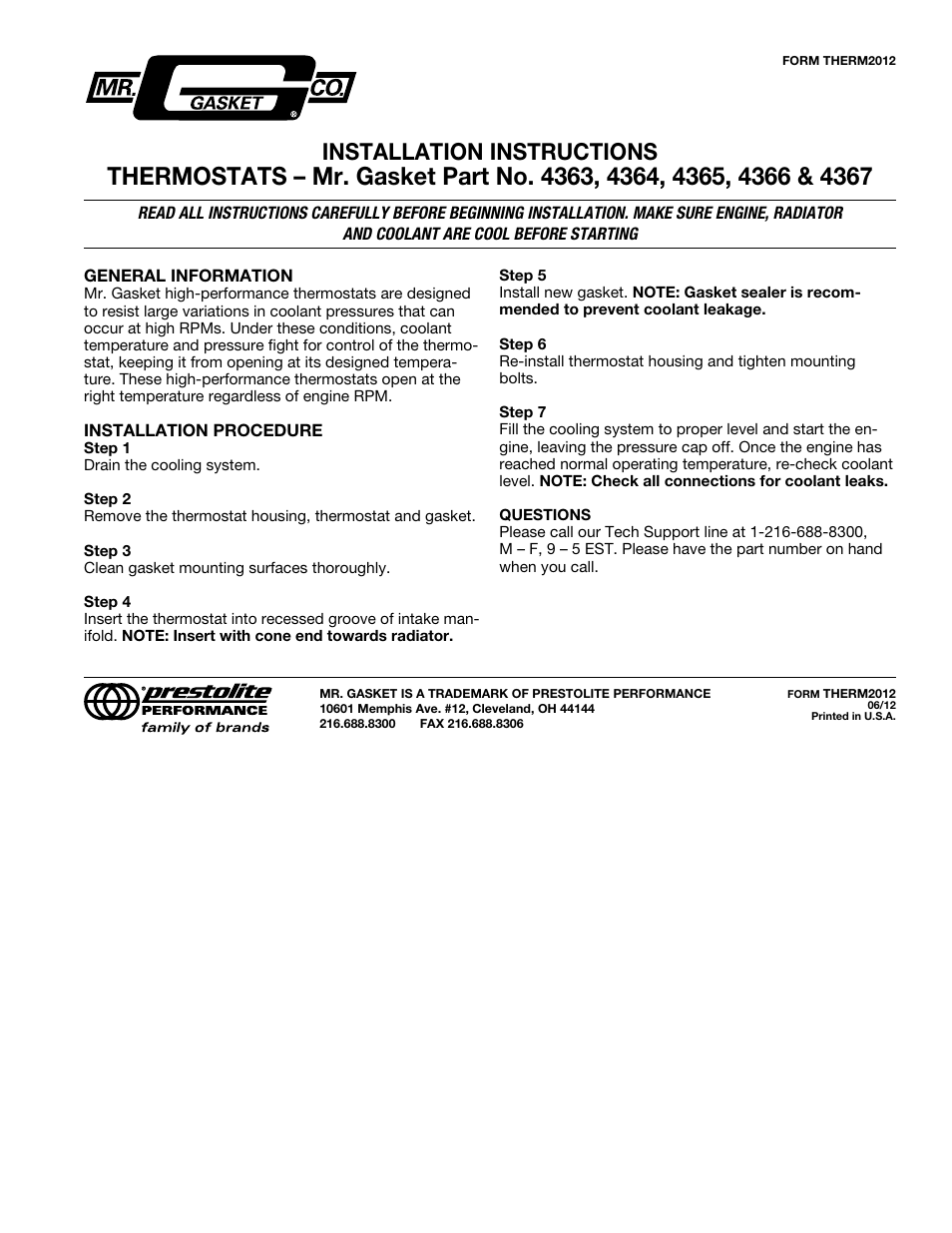 Mr. Gasket 4364 Thermostat: Balanced HP User Manual | 1 page