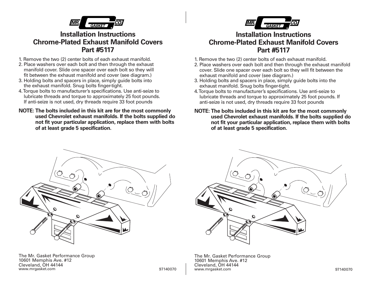 Mr. Gasket 5117 Exhaust Manifold Covers: Chrome User Manual | 1 page