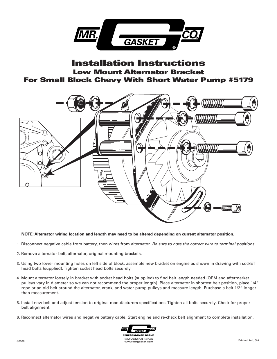 Mr. Gasket 5179 Low Mount Alternator Brckt for SBC w/SWP User Manual | 1 page