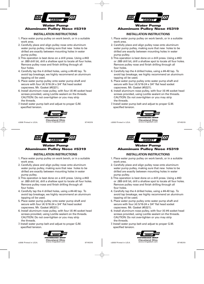 Mr. Gasket 5319 Water Pump Pulley Nose User Manual | 1 page