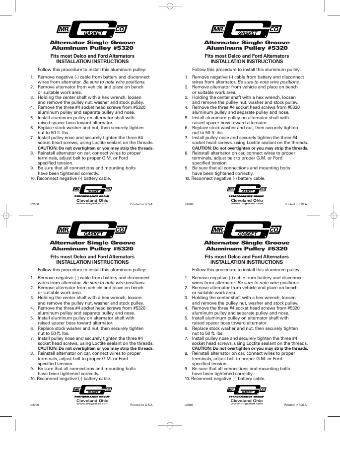 Mr. Gasket 5320 Alternator Pulley: Single Groove w/Nose Piece User Manual | 1 page