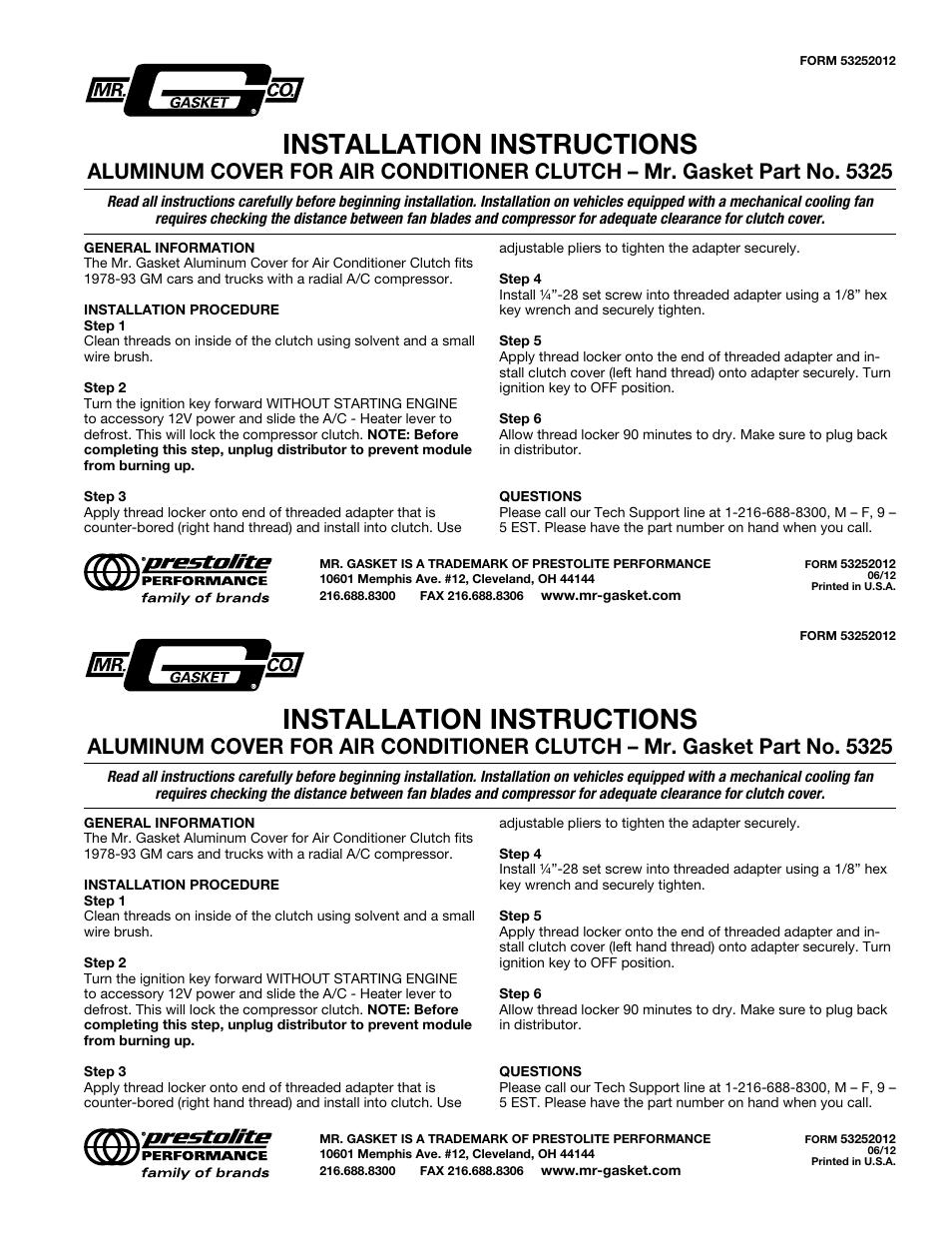 Mallory Ignition Mr_Gasket clutch cover 5325 User Manual | 1 page