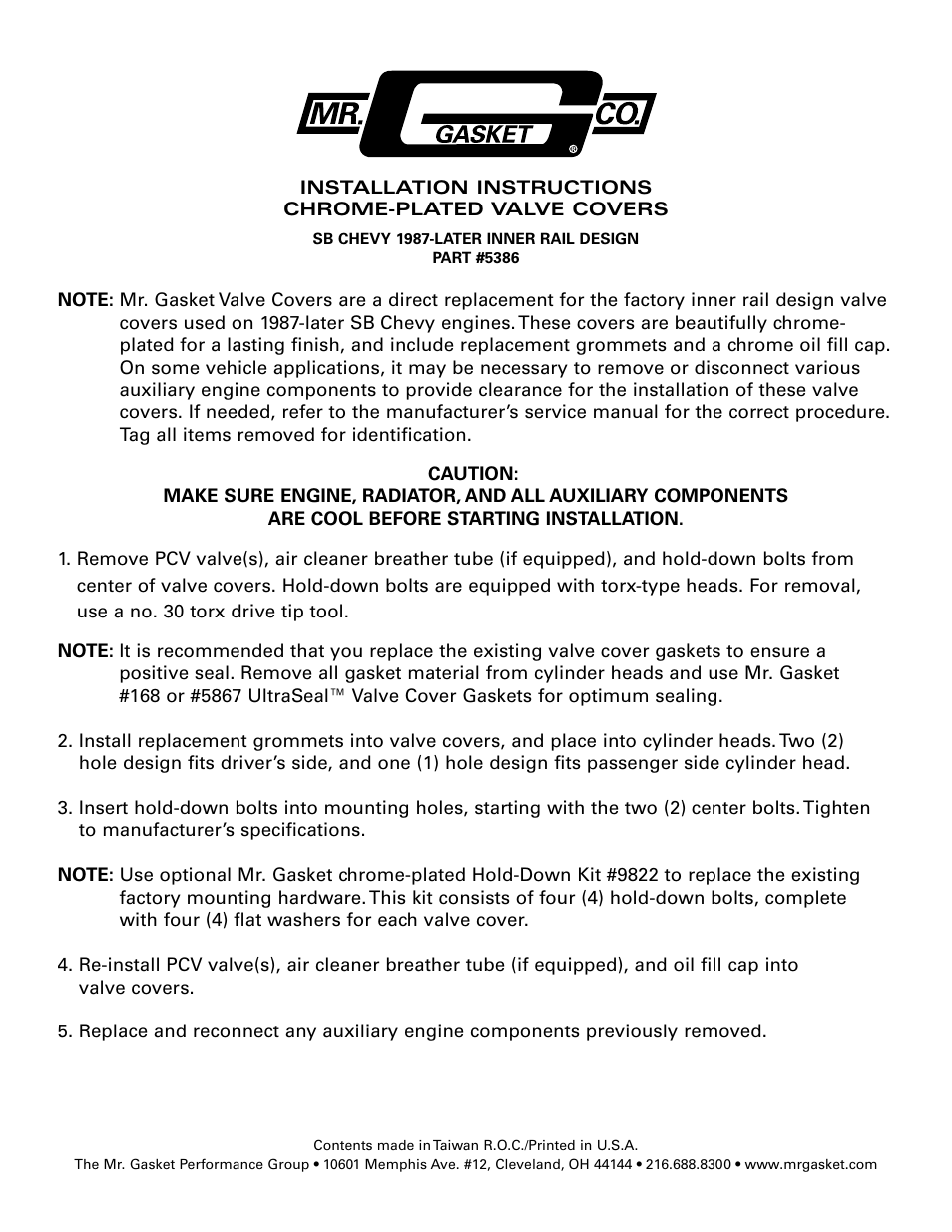Mr. Gasket 5386 Chrome Valve Cover User Manual | 2 pages