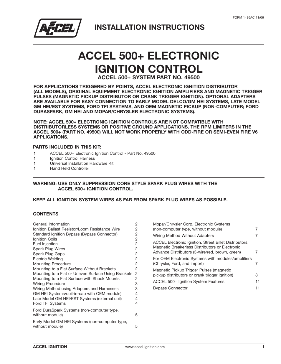 Mallory Ignition ACCEL 500+ ELECTRONIC IGNITION CONTROL 49500 User Manual | 12 pages