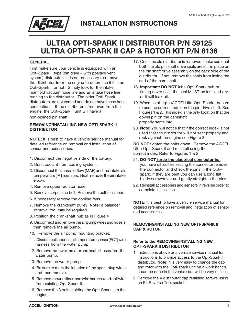 Mallory Ignition ACCEL ULTRA OPTI-SPARK II CAP & ROTOR KIT 8136 User Manual | 2 pages