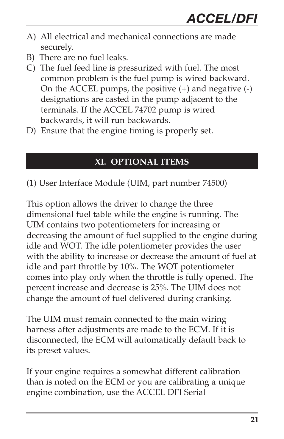 Accel/dfi | Mallory Ignition ACCEL Digital Fuel Injection Engine Management System 74030 User Manual | Page 23 / 26