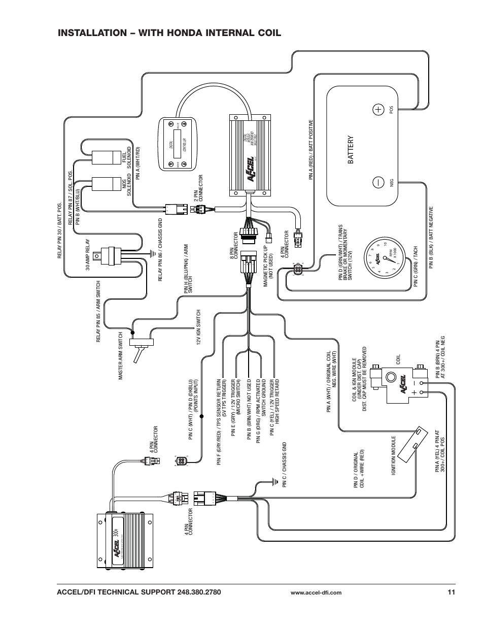 Installation – with honda internal coil, Ba tter y | Mallory Ignition ACCEL DIGITAL NITROUS PROCESSOR 74186 User Manual | Page 11 / 20