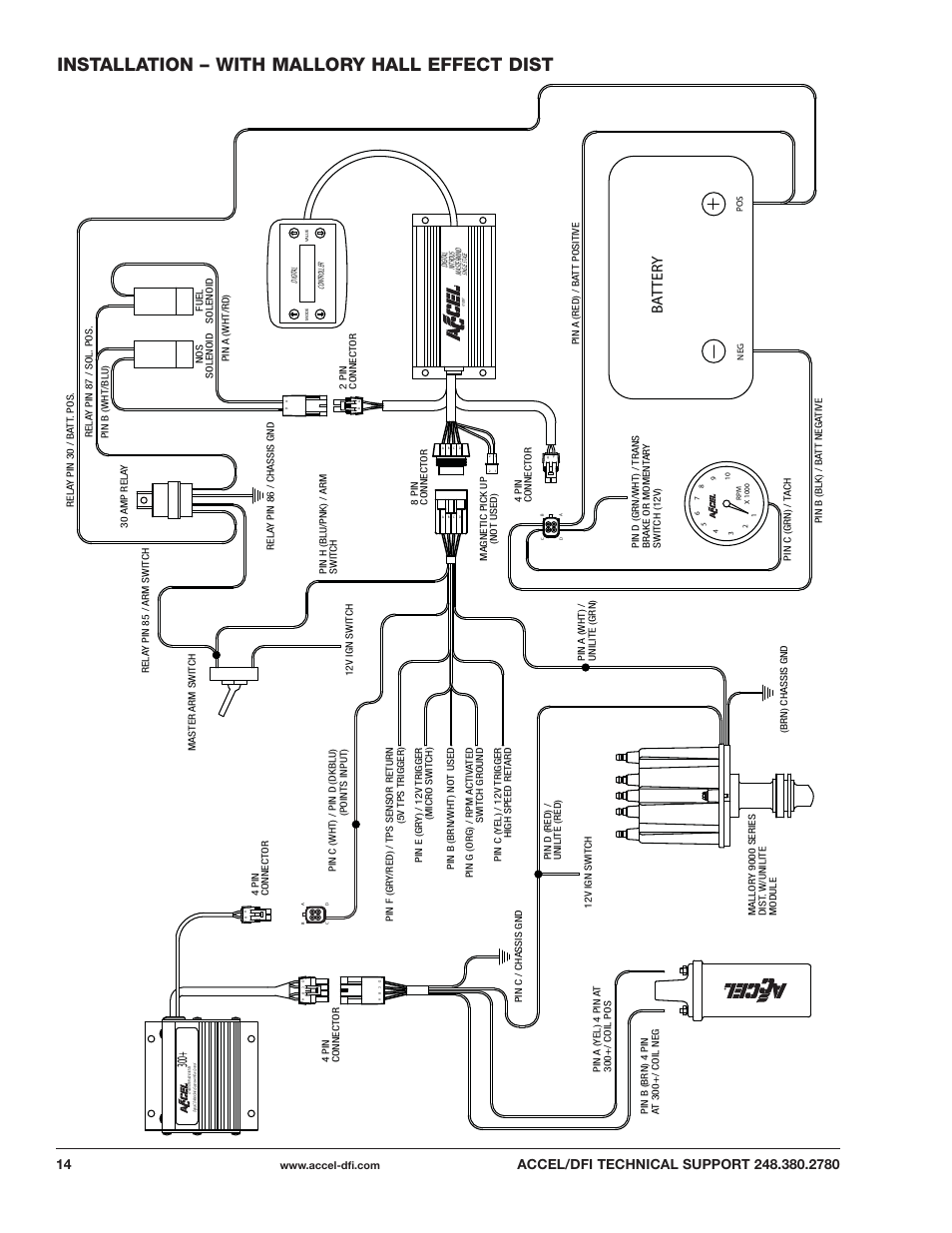 Installation – with mallory hall effect dist, Ba tter y | Mallory Ignition ACCEL DIGITAL NITROUS PROCESSOR 74186 User Manual | Page 14 / 20