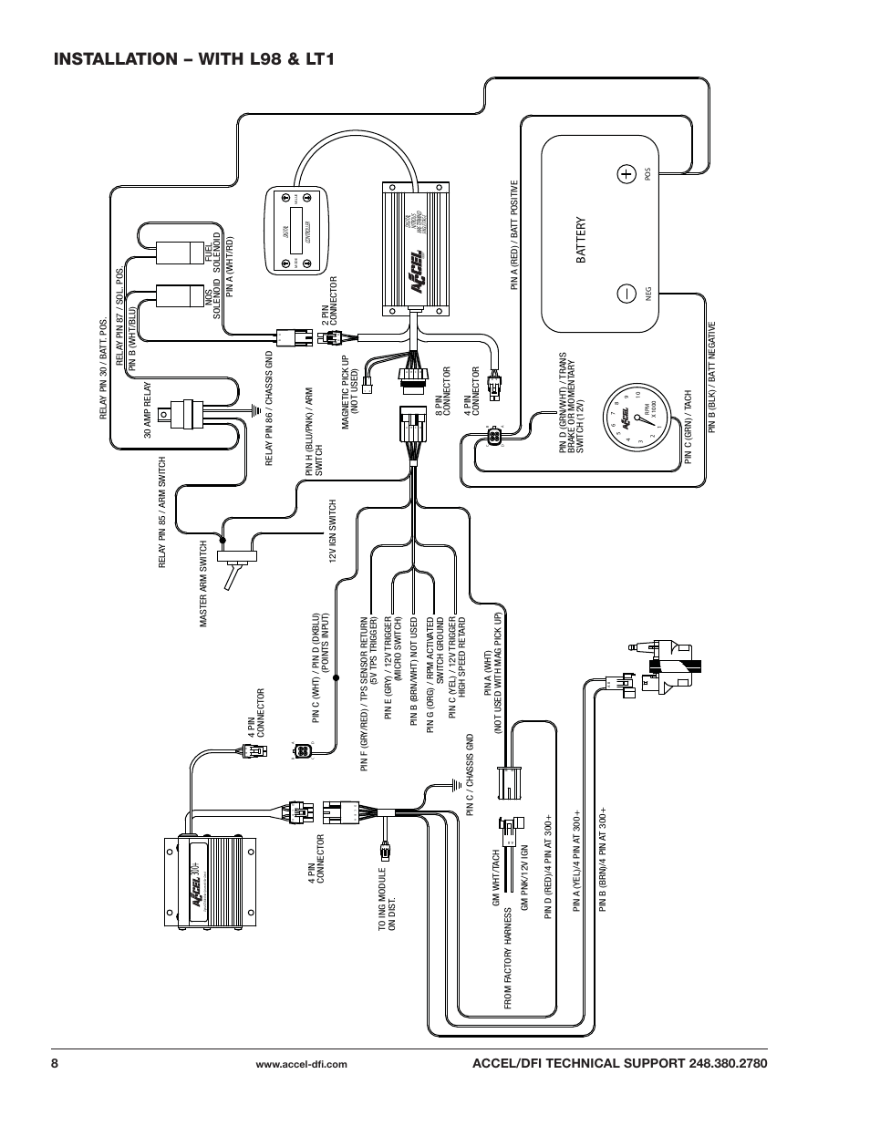 Installation – with l98 & lt1, Ba tt er y | Mallory Ignition ACCEL DIGITAL NITROUS PROCESSOR 74186 User Manual | Page 8 / 20