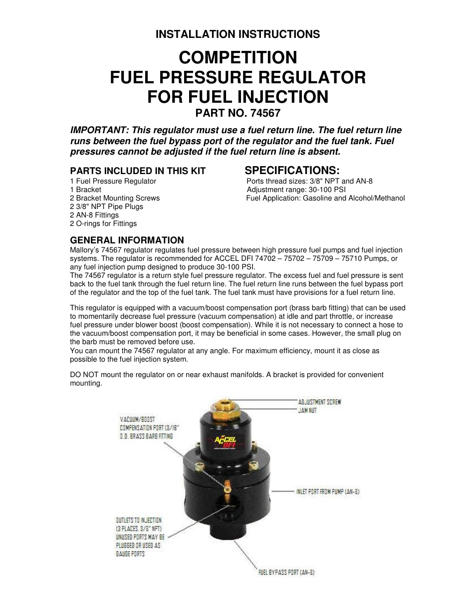 Mallory Ignition ACCEL COMPETITION FUEL PRESSURE REGULATOR FOR FUEL INJECTION 74567 User Manual | 2 pages