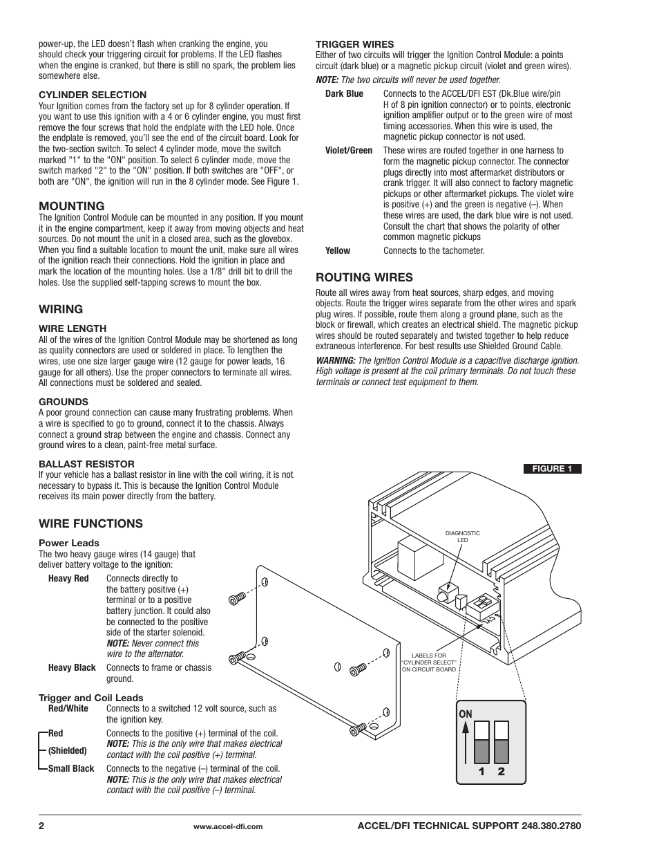 Mounting, Wiring, Wire functions | Routing wires | Mallory Ignition ACCEL DFI 6A Electronic Ignition Control Module for Distributor Equipped Engines 75606 User Manual | Page 2 / 12