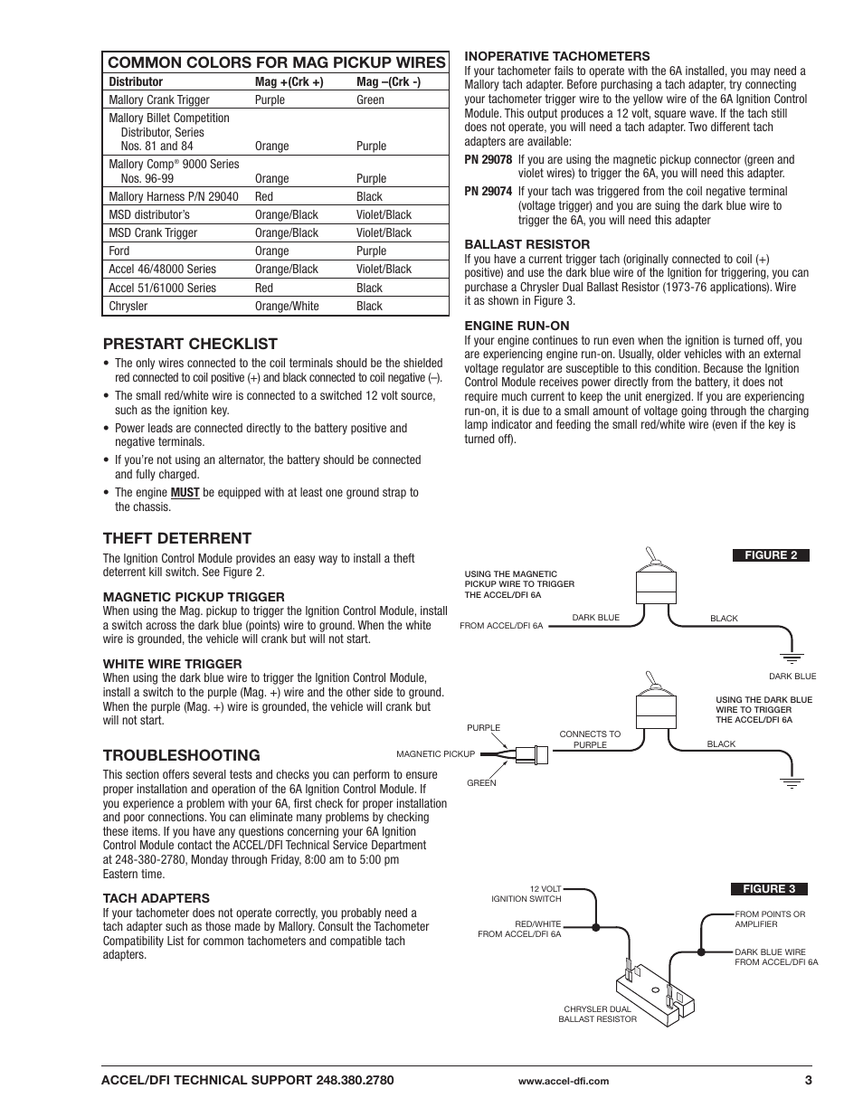 Prestart checklist, Theft deterrent, Troubleshooting | Common colors for mag pickup wires | Mallory Ignition ACCEL DFI 6A Electronic Ignition Control Module for Distributor Equipped Engines 75606 User Manual | Page 3 / 12