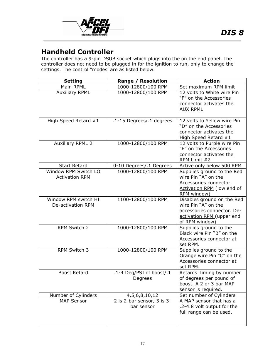 Dis 8, Handheld controller | Mallory Ignition ACCEL DIS 8 75610 User Manual | Page 17 / 25