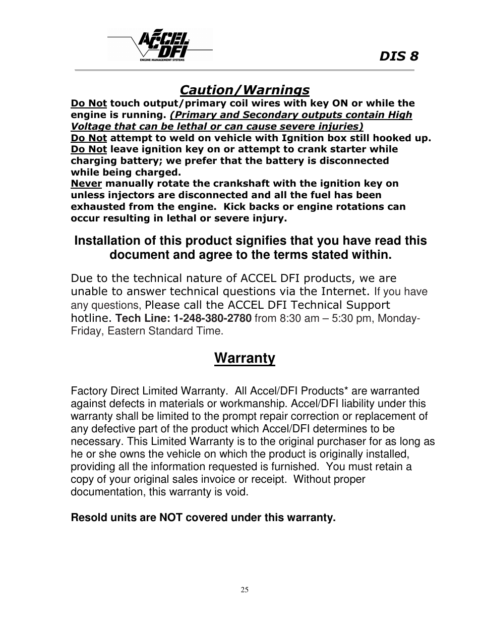 Warranty, Dis 8, Caution/warnings | Mallory Ignition ACCEL DIS 8 75610 User Manual | Page 25 / 25
