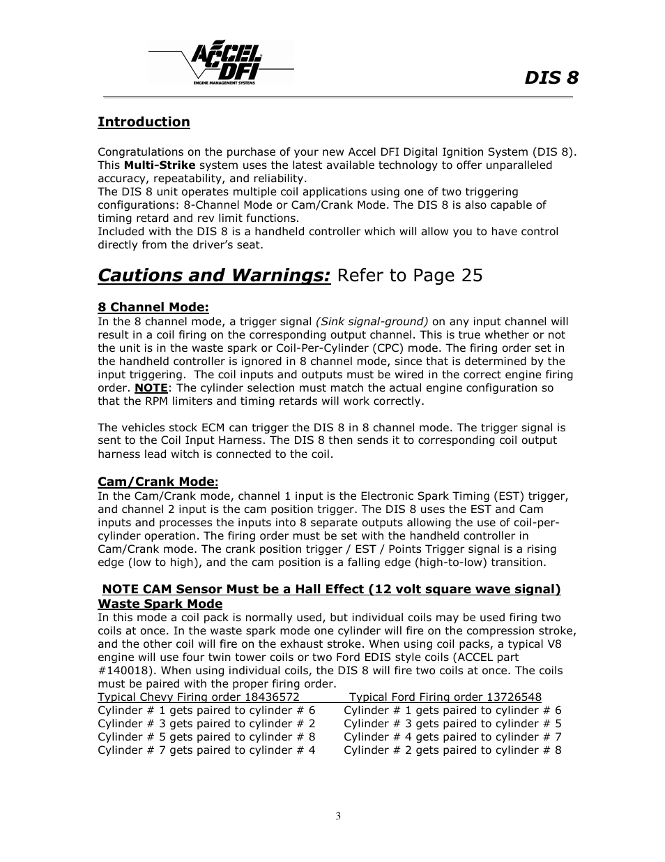 Dis 8, Cautions and warnings: refer to page 25 | Mallory Ignition ACCEL DIS 8 75610 User Manual | Page 3 / 25