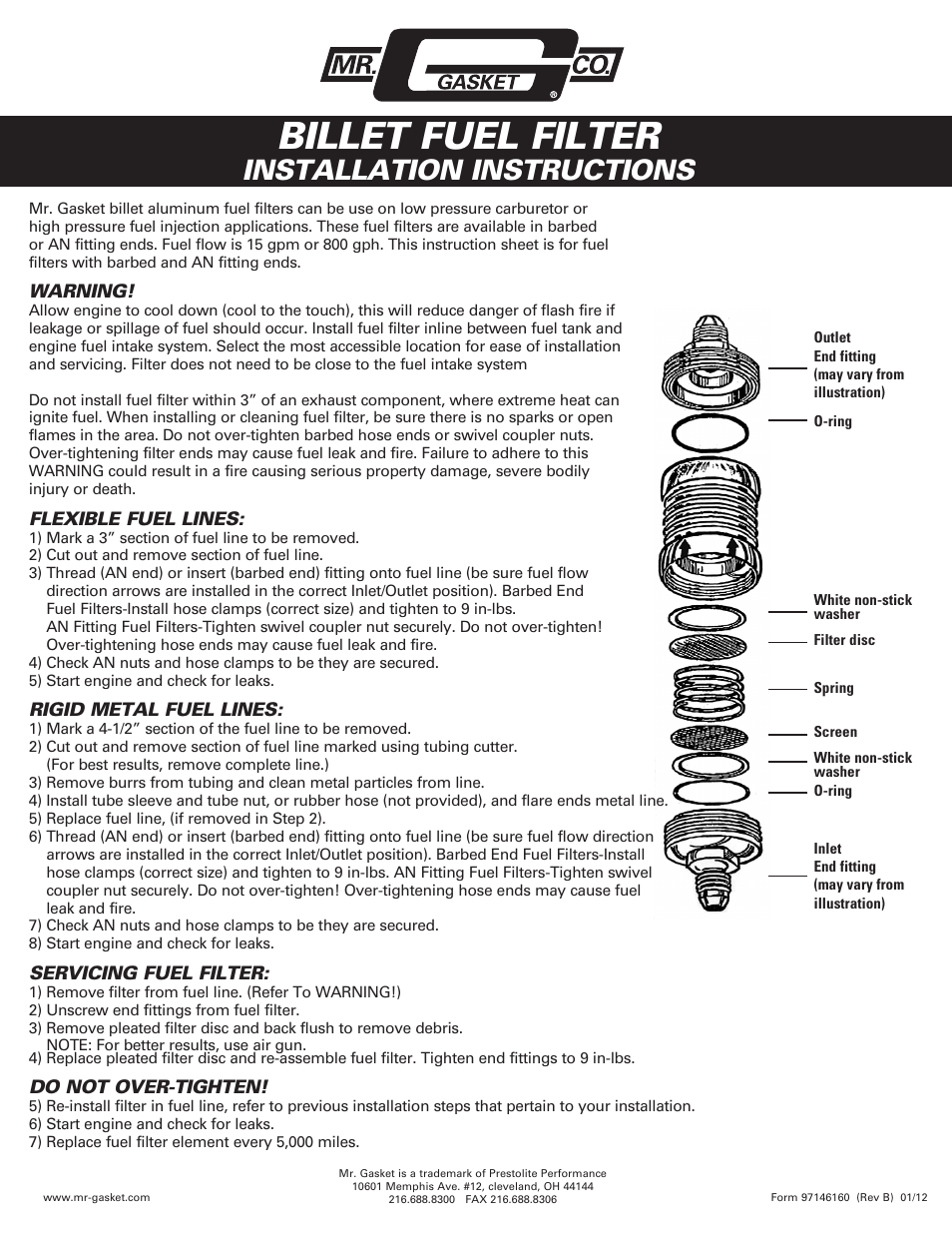 Mr. Gasket 6160G Fuel Filter: Billet User Manual | 1 page