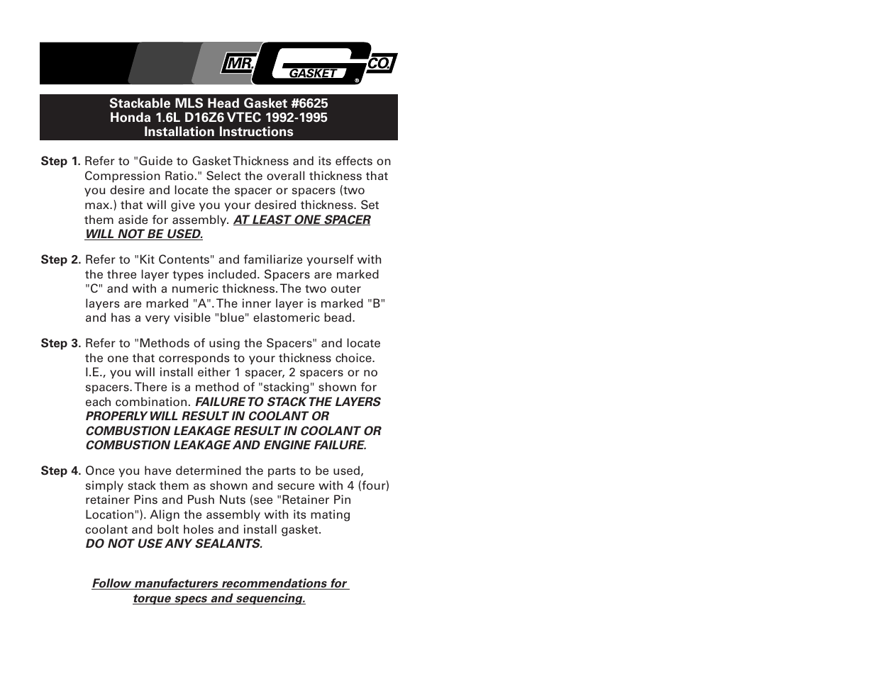 Mr. Gasket 6225 MLS Head Gasket: Honda (1.6L D16Z6) User Manual | 5 pages
