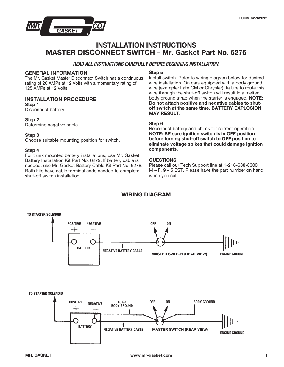 Mr. Gasket 6276 Master Disconnect Switch User Manual | 2 pages