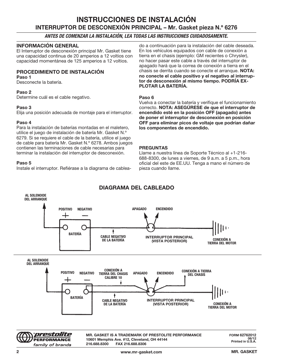 Instrucciones de instalación, Diagrama del cableado | Mr. Gasket 6276 Master Disconnect Switch User Manual | Page 2 / 2