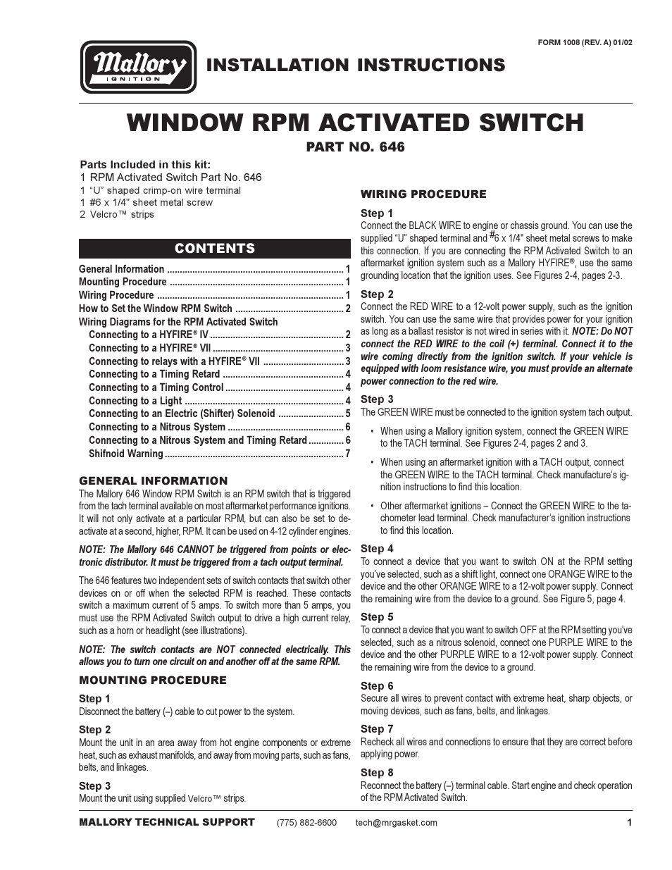 Mallory Ignition Mallory window rpm activated switch 646 User Manual | 8 pages