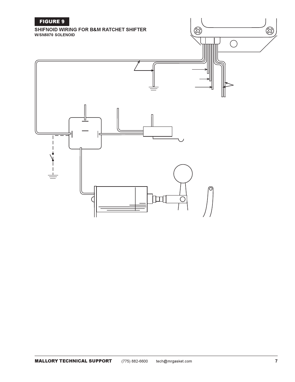 Figure 9 shifnoid wiring for b&m ratchet shifter, 7mallory technical support | Mallory Ignition Mallory window rpm activated switch 646 User Manual | Page 7 / 8