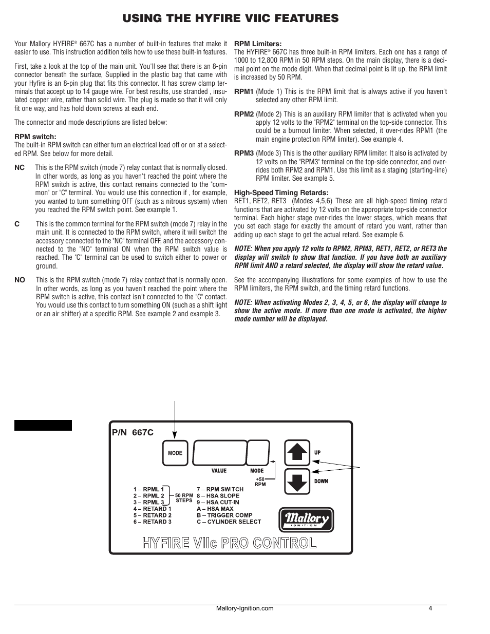 Using the hyfire viic features | Mallory Ignition Mallory HYFIRE VII Series Electronic Ignition Controls 667C User Manual | Page 5 / 9