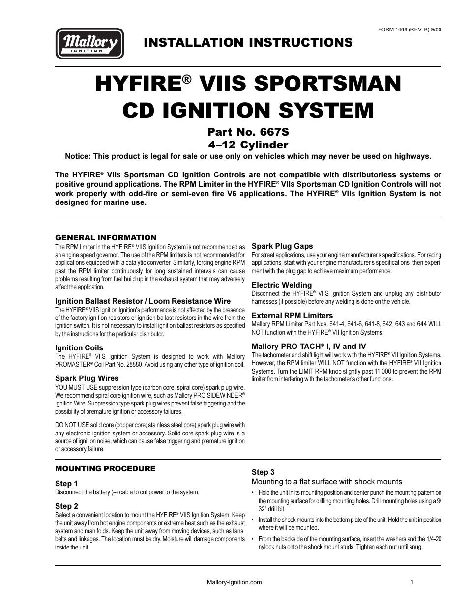 667s, Hyfire, Viis sportsman cd ignition system | Installation instructions | Mallory Ignition Mallory HYFIRE VII Series Electronic Ignition Controls 667S User Manual | Page 2 / 6