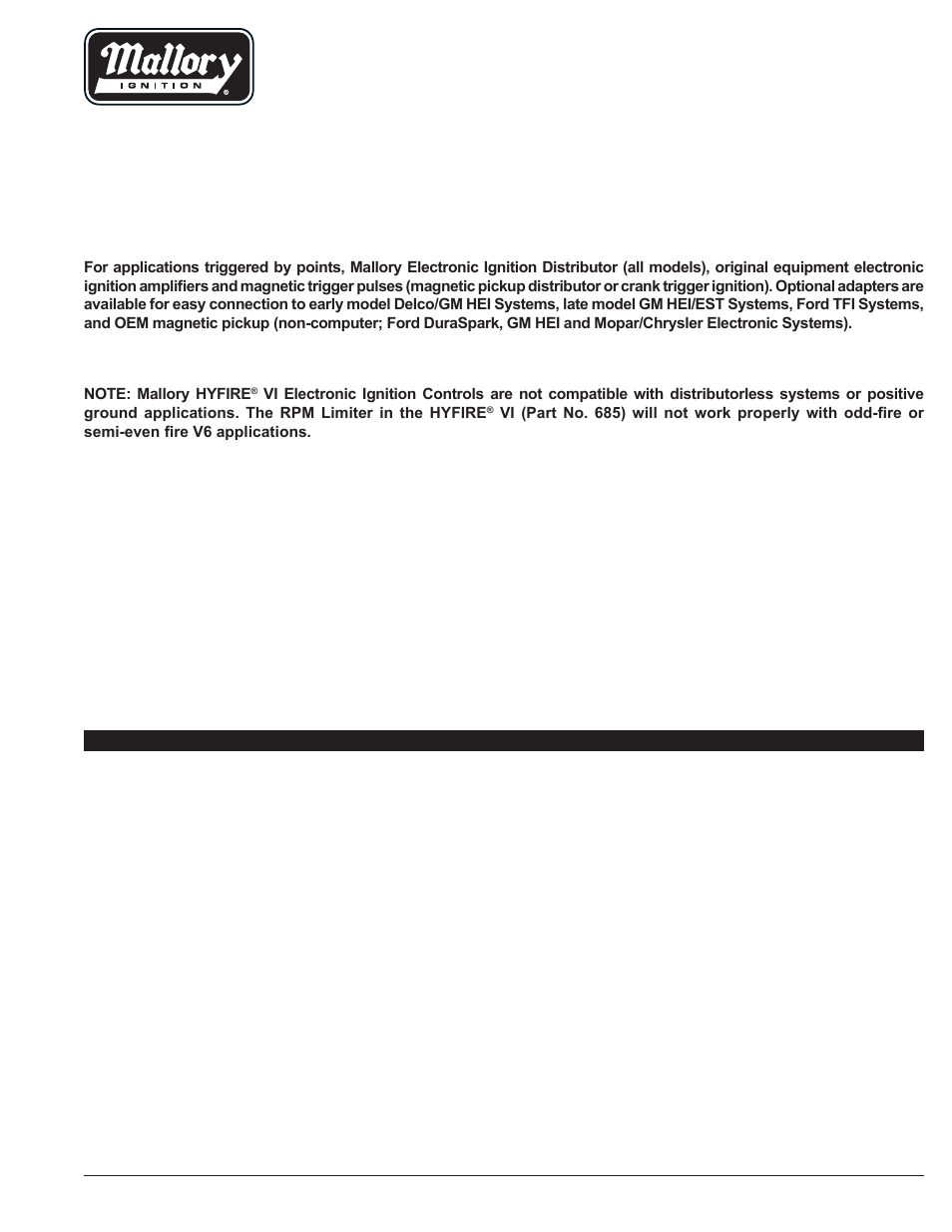 Mallory_instructions_hyfire_6_series_685_6851, Hyfire, Vi series of electronic ignition controls | Installation instructions, Vi ignition system part no. 685, advanced hyfire, Vi ignition system part no. 6851, basic | Mallory Ignition Mallory HYFIRE VI Series Electronic Ignition Controls 685_6851 User Manual | Page 2 / 15