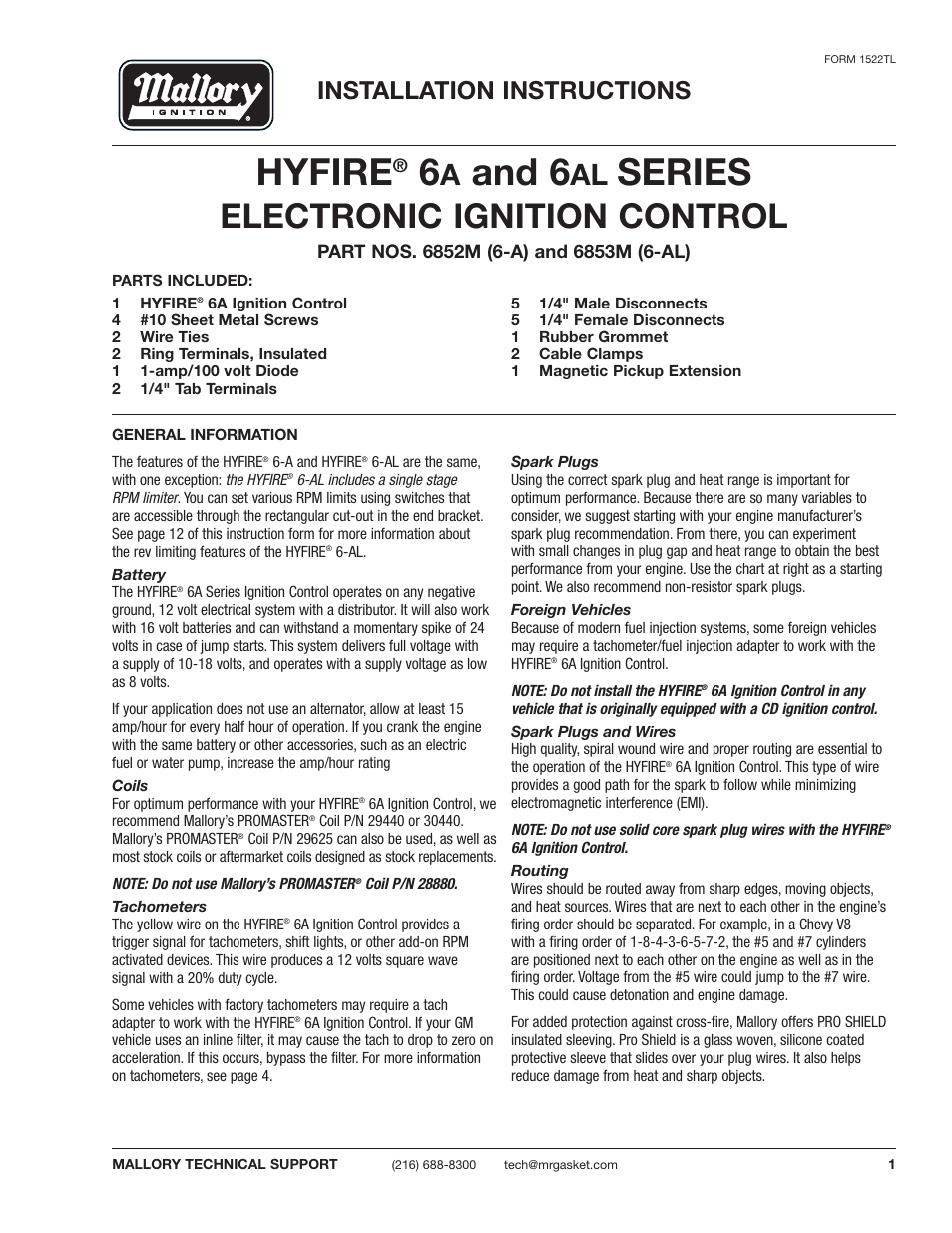 Mallory Ignition Mallory HYFIRE 6A and 6AL SERIES ELECTRONIC IGNITION CONTROLS 6852M_6853M User Manual | 36 pages