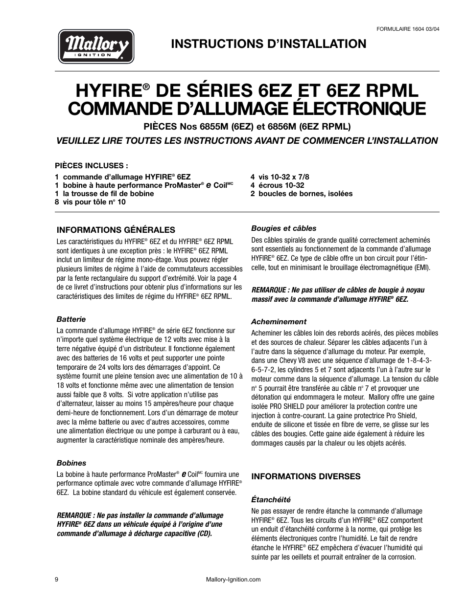Hyfire, Instructions d’installation | Mallory Ignition Mallory Hyre 6EZ and 6EZ RPML 6855M_6856M User Manual | Page 10 / 15