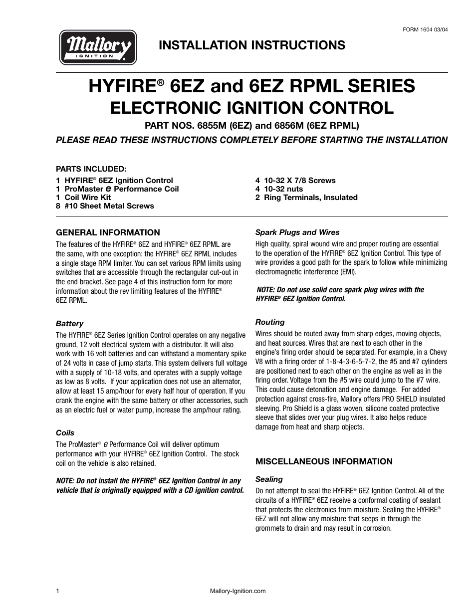 Hyfire, 6ez and 6ez rpml series, Electronic ignition control | Installation instructions | Mallory Ignition Mallory Hyre 6EZ and 6EZ RPML 6855M_6856M User Manual | Page 2 / 15