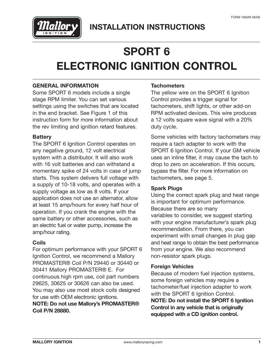 Mallory Ignition Mallory SPORT 6 ELECTRONIC IGNITION CONTROL 6862m_6863m User Manual | 12 pages