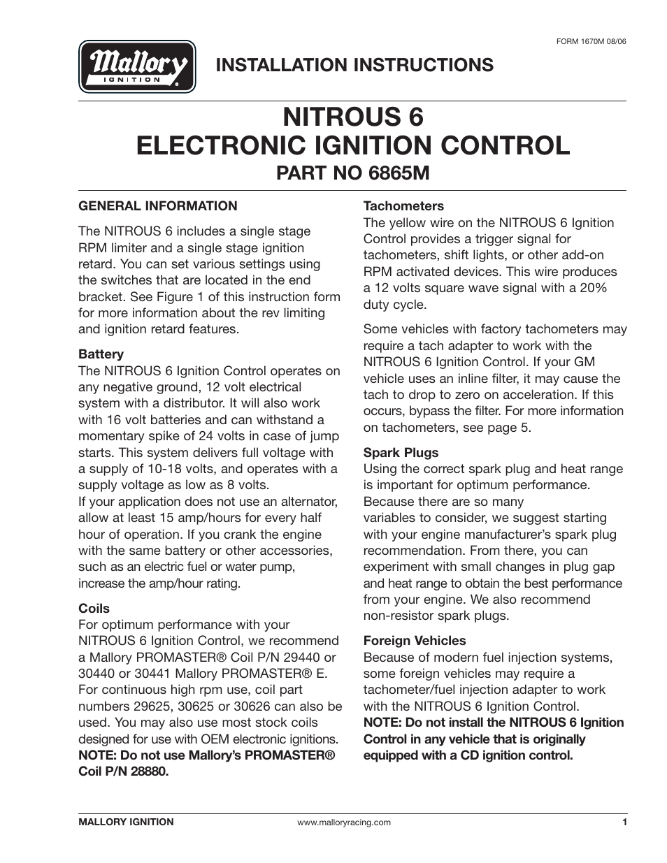 Mallory Ignition Mallory NITROUS 6 ELECTRONIC IGNITION CONTROL 6865M User Manual | 12 pages