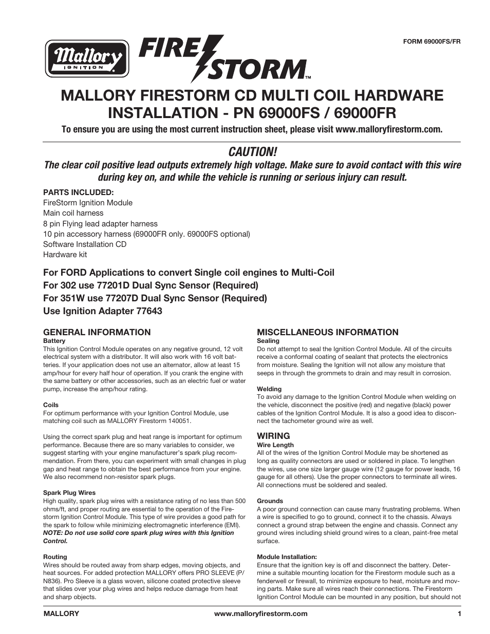 Mallory Ignition Mallory FIRESTORM CD MULTI COIL HARDWARE 69000FS-69000FR User Manual | 6 pages