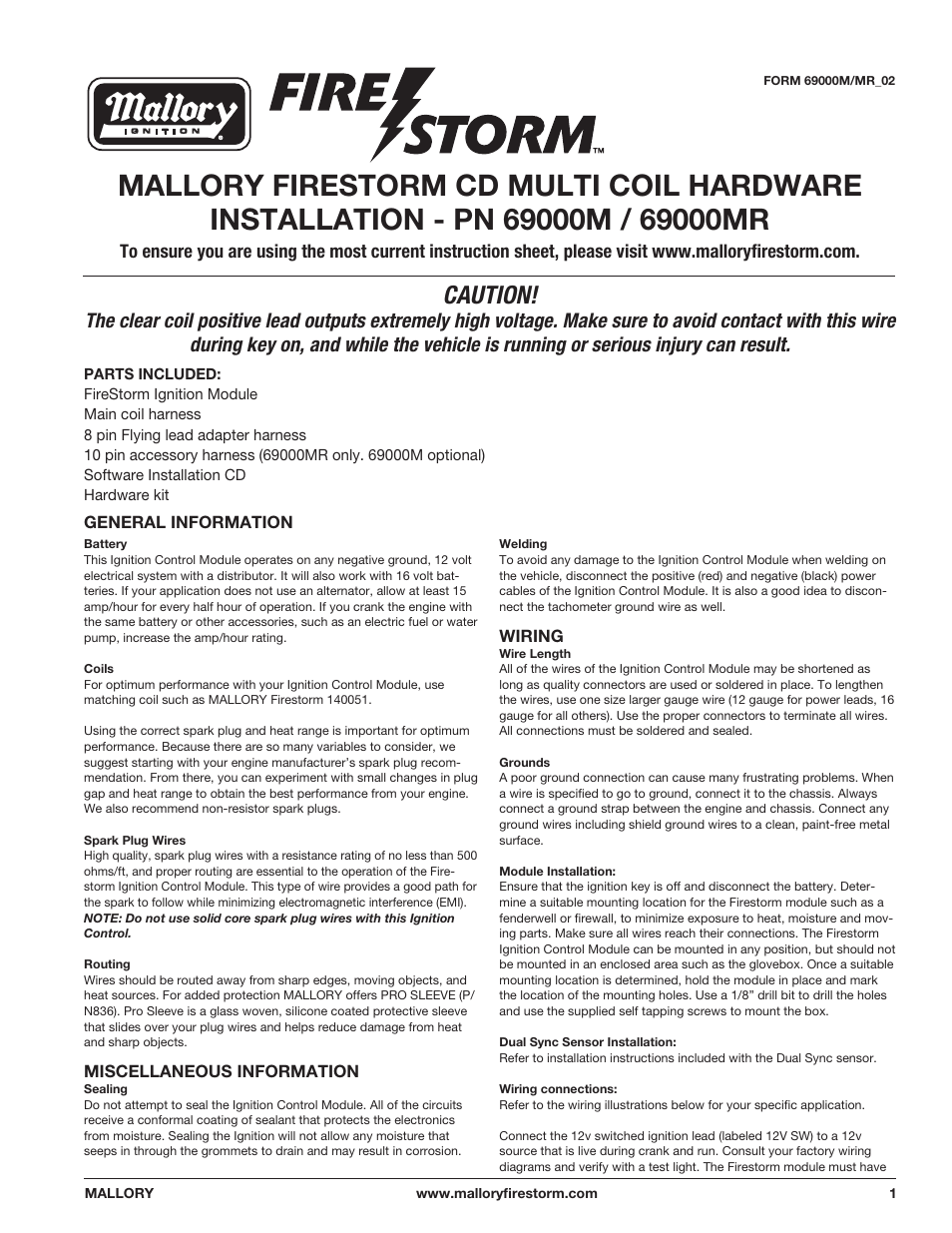 Mallory Ignition Mallory FIRESTORM CD MULTI COIL HARDWARE 69000M-69000MR User Manual | 6 pages