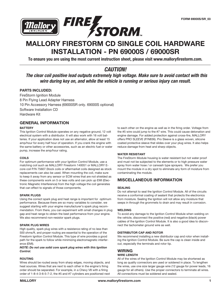 Mallory Ignition Mallory FIRESTORM CD SINGLE COIL HARDWARE 69000S_69000SR User Manual | 10 pages