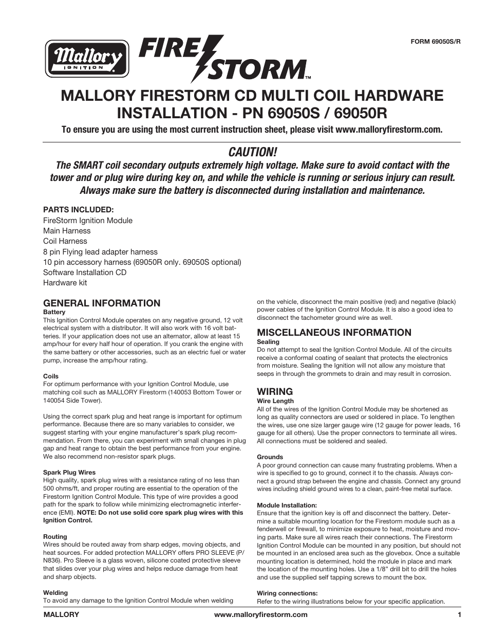 Mallory Ignition Mallory FIRESTORM CD MULTI COIL HARDWARE 69050S-69050R User Manual | 5 pages