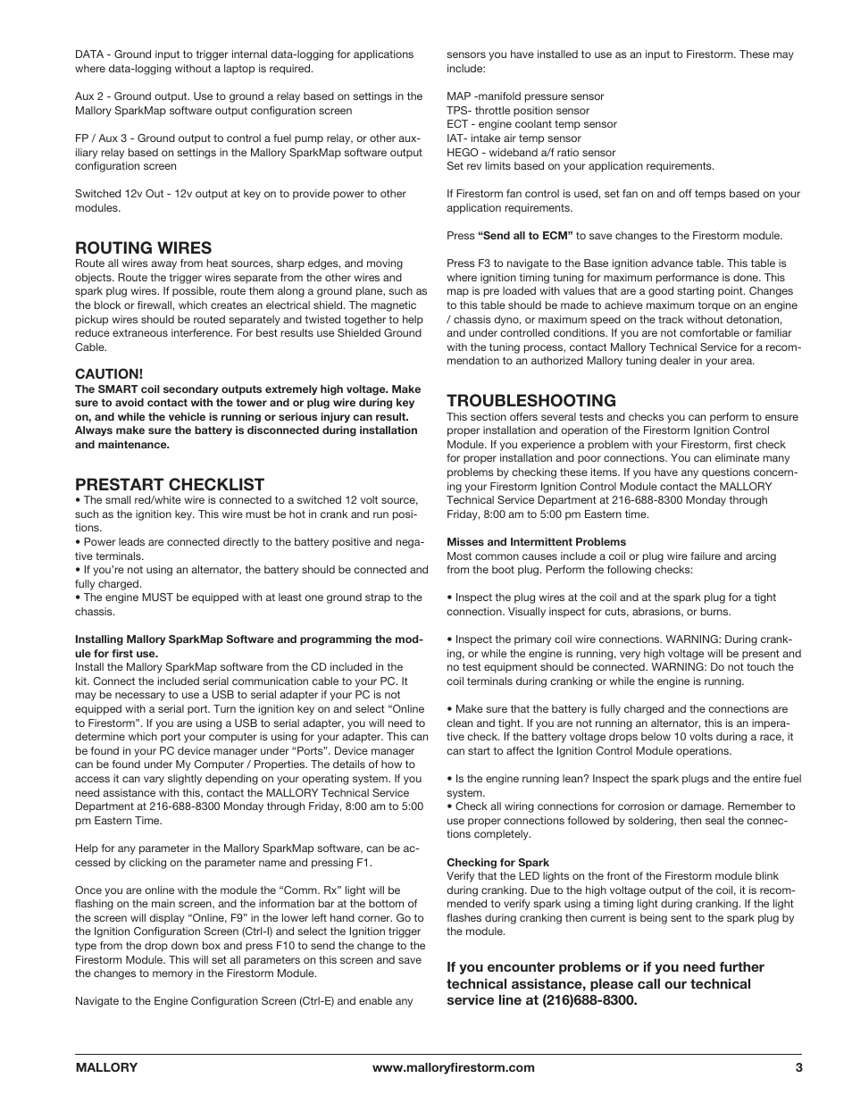 Routing wires, Prestart checklist, Troubleshooting | Mallory Ignition Mallory FIRESTORM CD MULTI COIL HARDWARE 69050S-69050R User Manual | Page 3 / 5