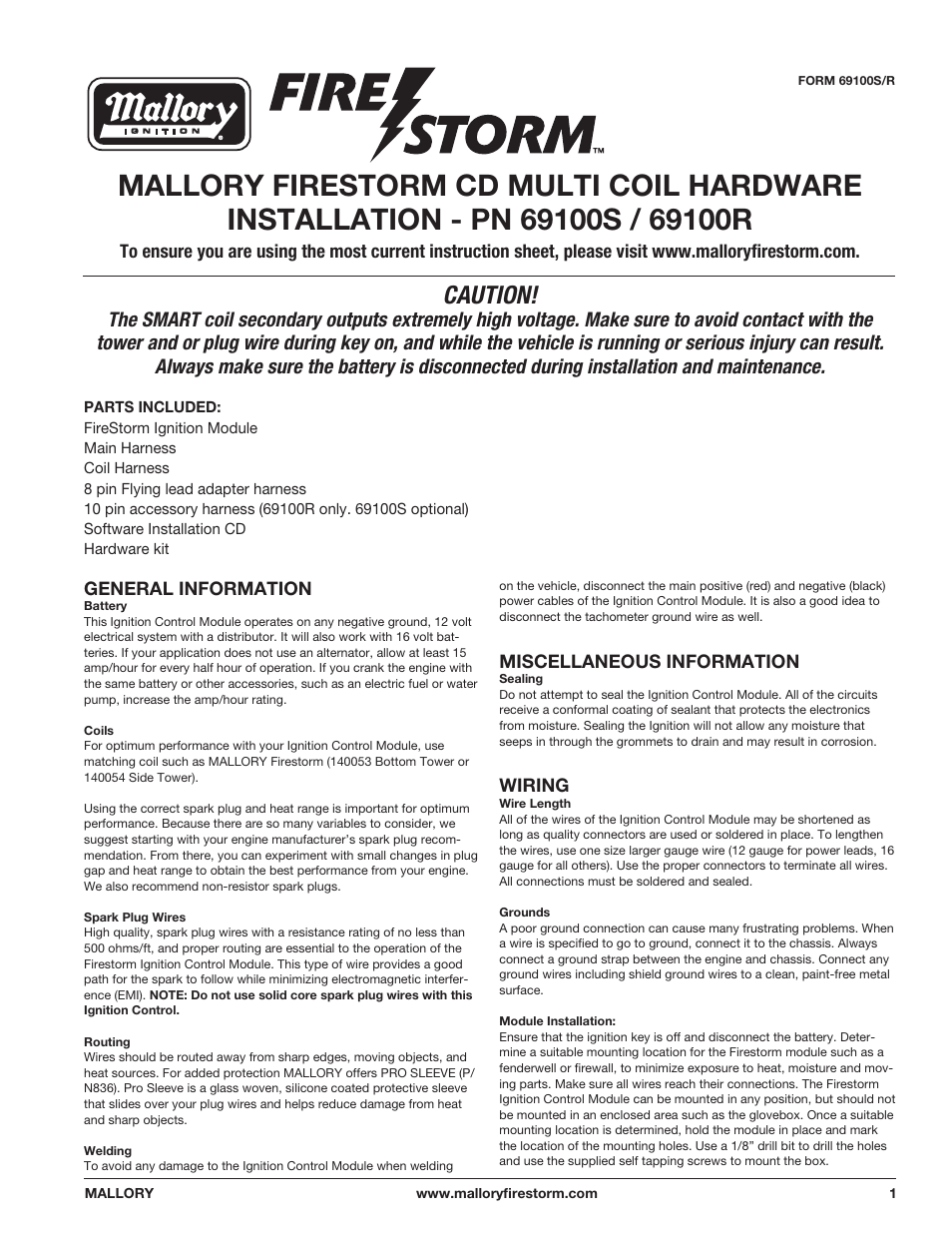 Mallory Ignition Mallory FIRESTORM CD MULTI COIL HARDWARE 69100S-69100R User Manual | 5 pages