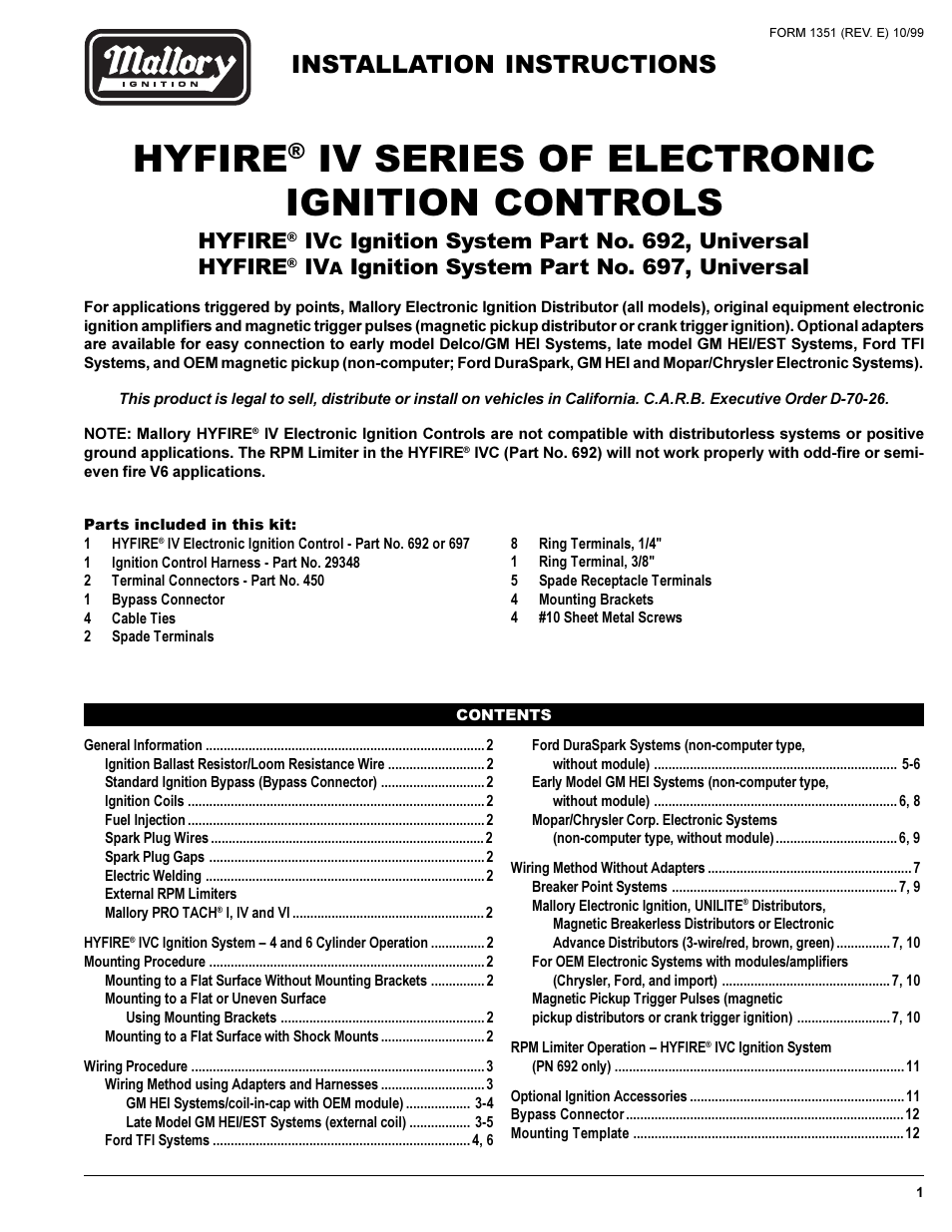 Mallory Ignition Mallory HYFIRE IV SERIES Ignition System 692_697 User Manual | 12 pages