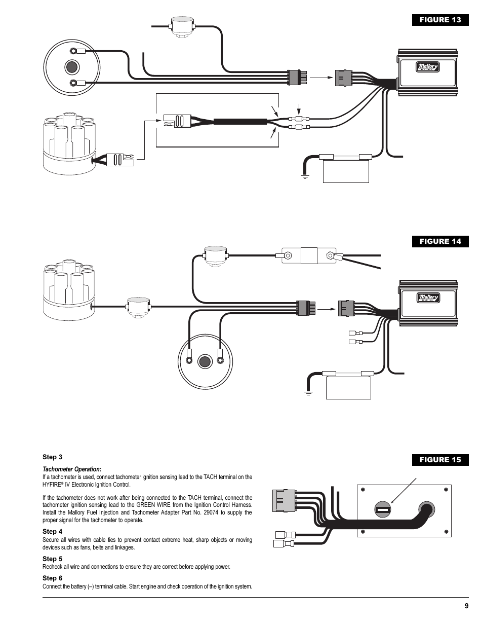 Breaker point distributor, Figure 13, Figure 14 | Tach/rpm output, Figure 15 | Mallory Ignition Mallory HYFIRE IV SERIES Ignition System 692_697 User Manual | Page 9 / 12
