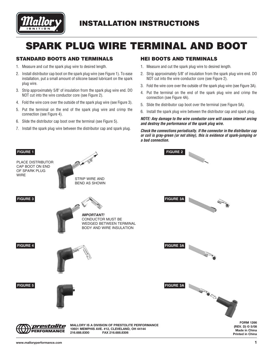 Mallory Ignition Mallory SPARK PLUG WIRE TERMINAL AND BOOT User Manual | 1 page