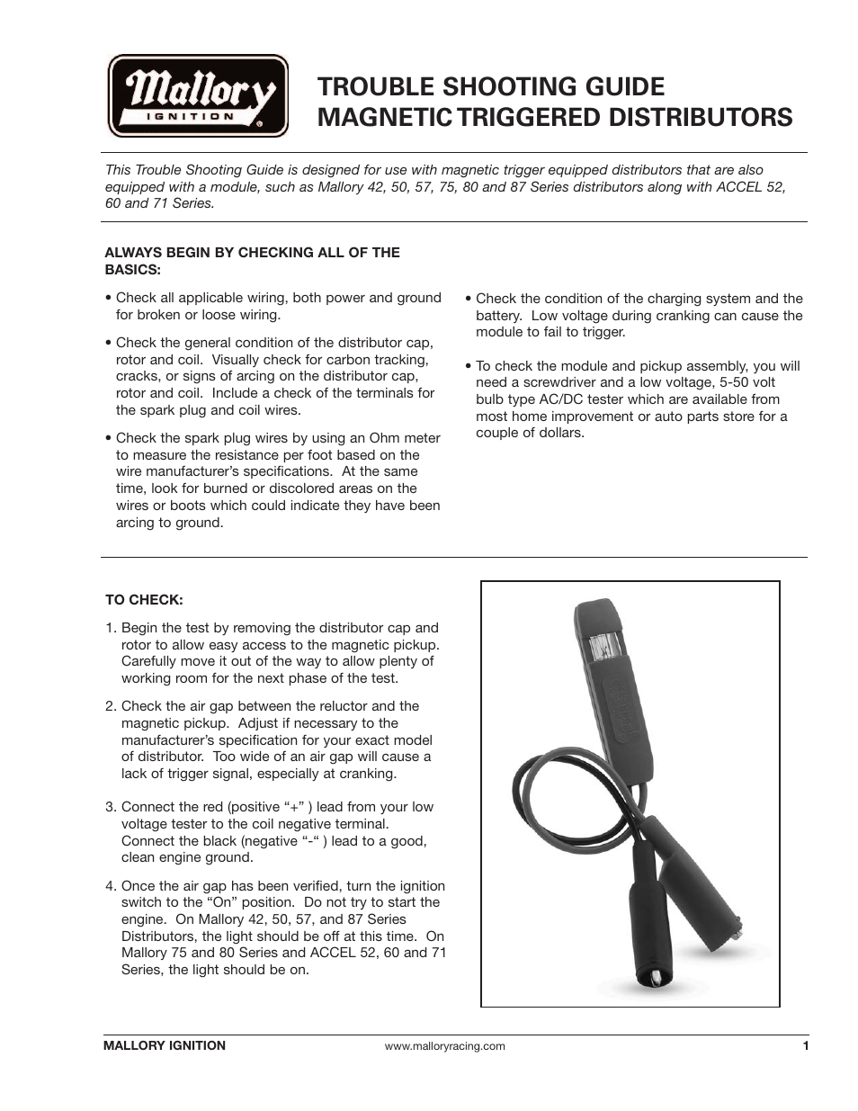 Mallory Ignition Mallory TROUBLE SHOOTING GUIDE MAGNETIC TRIGGERED DISTRIBUTORS User Manual | 2 pages