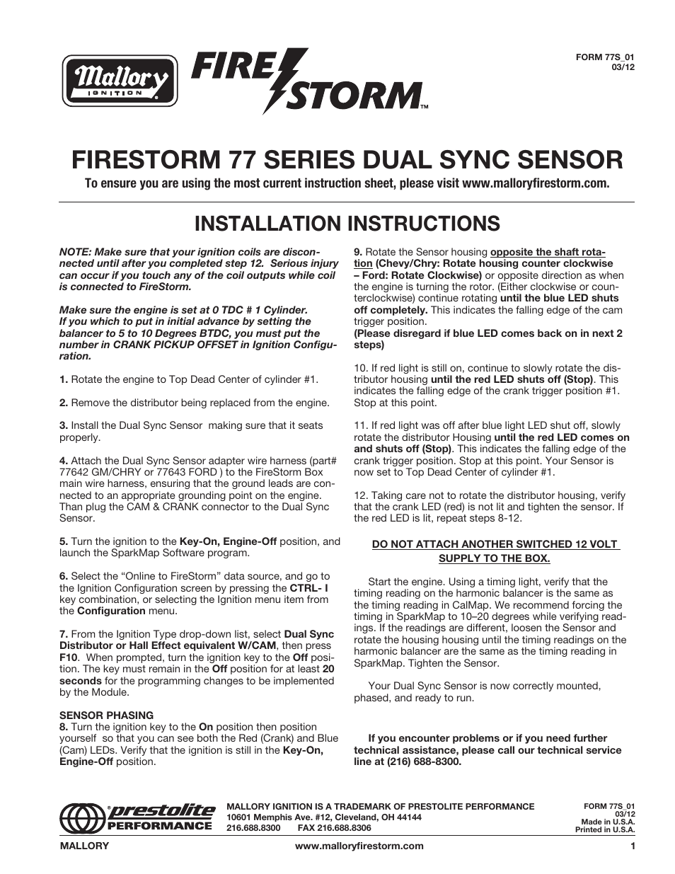 Mallory Ignition Mallory FIRESTORM 77 SERIES DUAL SYNC SENSOR User Manual | 1 page