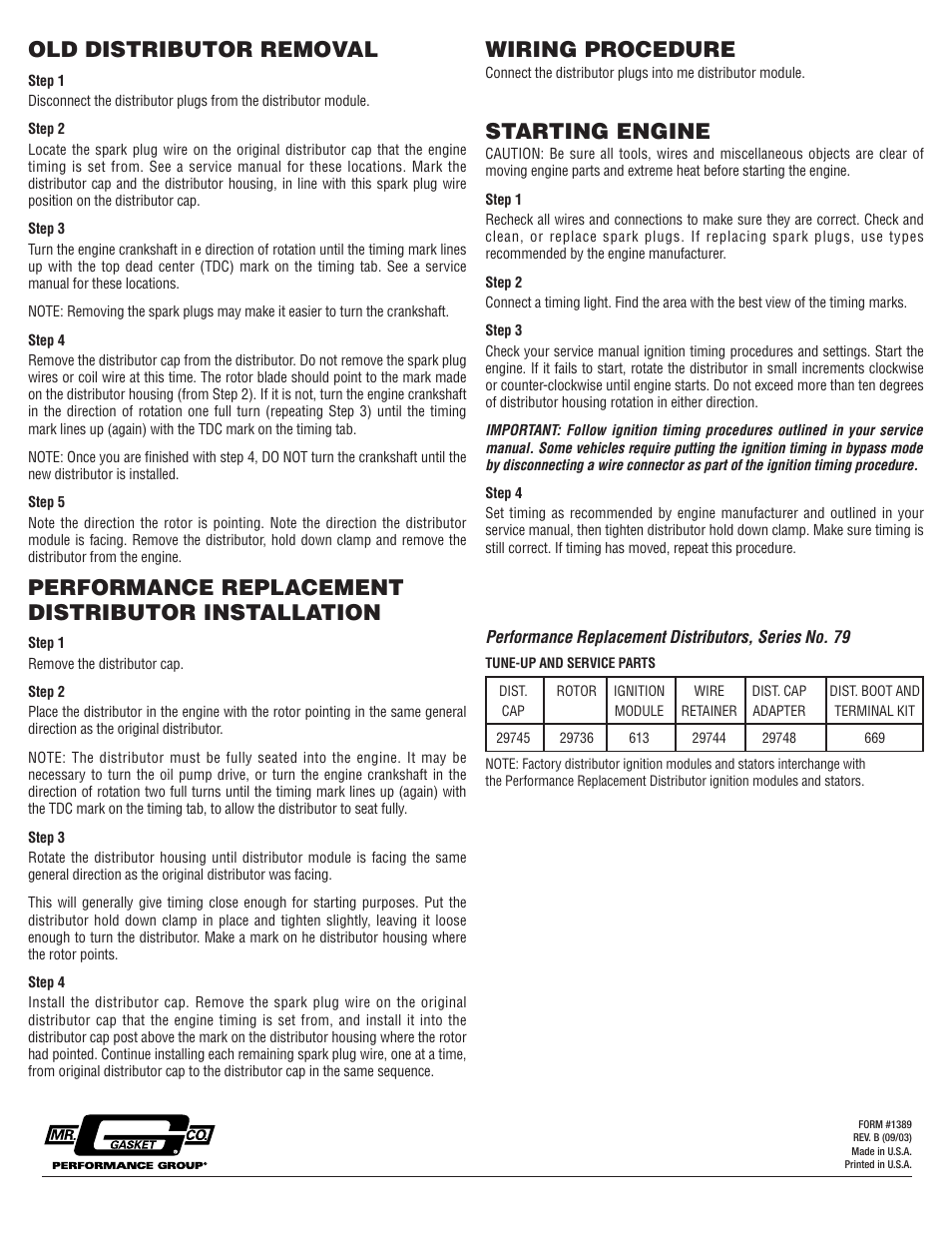 Old distributor removal, Performance replacement distributor installation, Wiring procedure | Starting engine | Mallory Ignition Mallory PERFORMANCE REPLACEMENT DISTRIBUTOR User Manual | Page 2 / 2