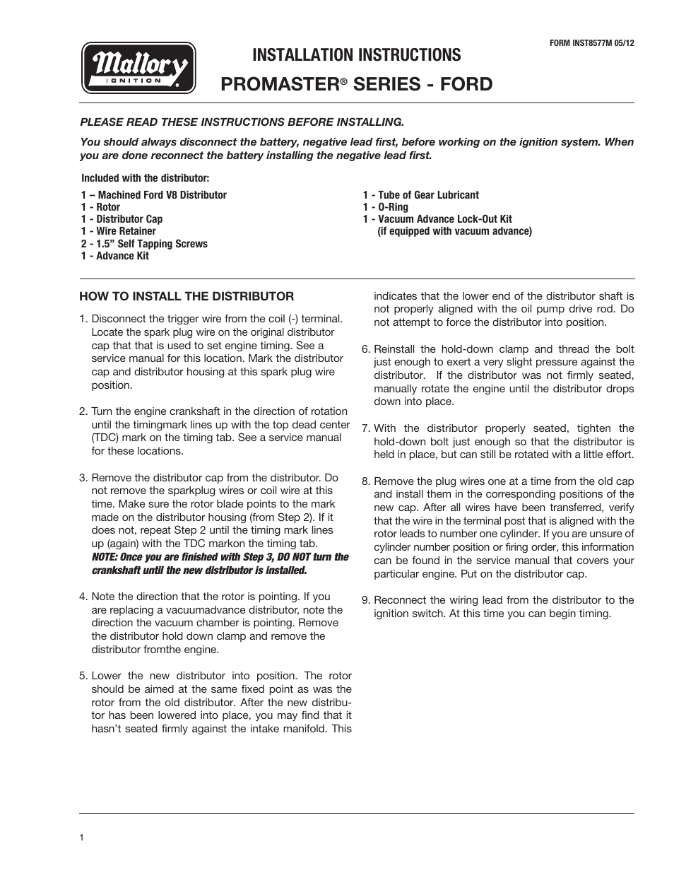 Mallory_promaster_series_ford_instructions, Promaster, Series - ford | Installation instructions | Mallory Ignition Mallory Promaster Distributor 8350m_8352m_8354m_8360m_8361m User Manual | Page 2 / 9