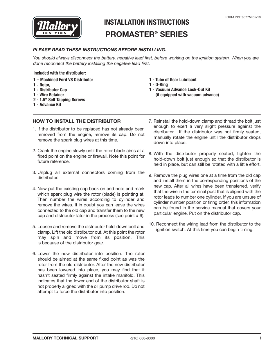 Mallory Ignition Mallory PROMASTER SERIES 8350m_8352m_8354m_8377m_8378m_8379m User Manual | 2 pages