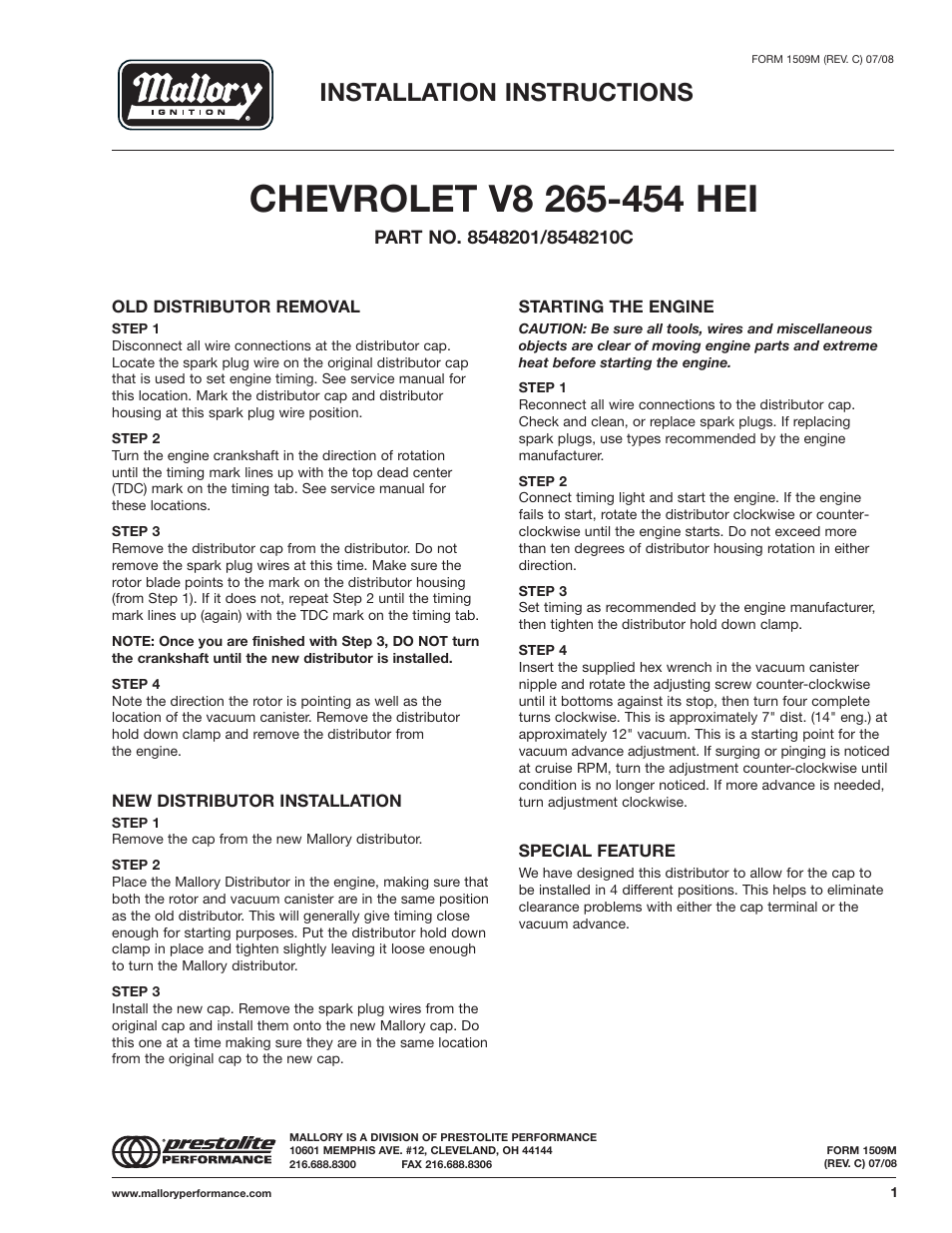 Mallory Ignition Mallory 85 series hei 8548201_8548201C User Manual | 1 page