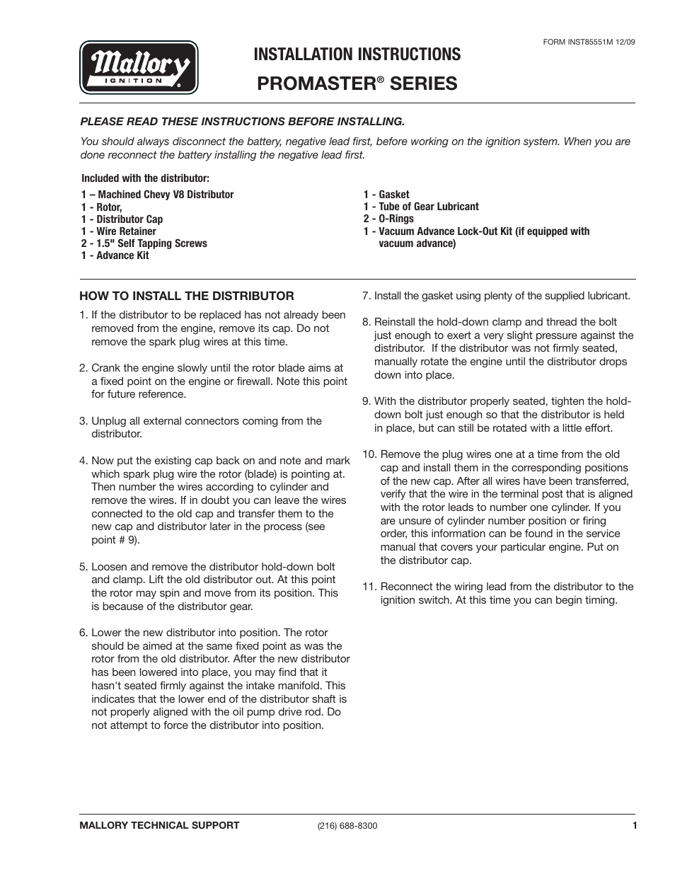 Mallory Ignition Mallory PROMASTER SERIES 85551m_8361m_8360m User Manual | 2 pages